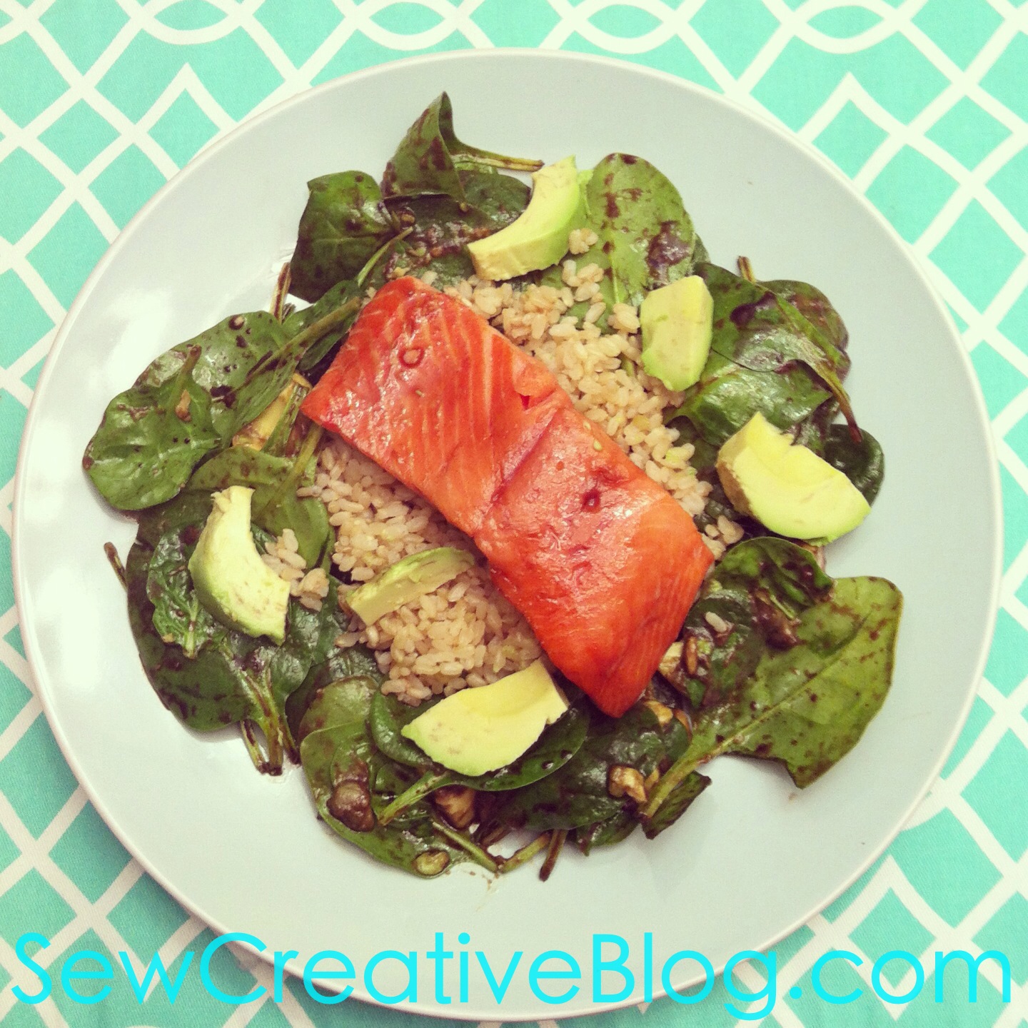 Salmon Spinach and Avocado Salad Recipe with Brown Rice or Quinoa from Sew Creative Blog
