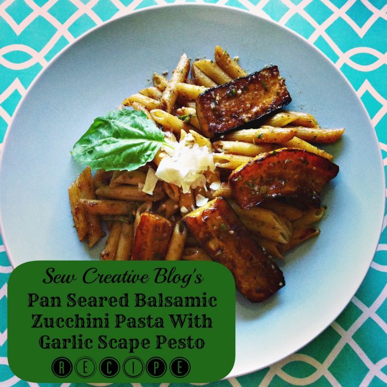 Recipe- Pan Seared Balsamic Zucchini Pasta with Garlic Scape Pesto Menu Card 6