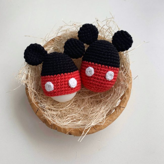Adorable Spring and Easter Crochet Patterns Perfect For Easter Baskets: Mickey Mouse Egg Warmer Crochet Pattern from Crochet Gift By Mary