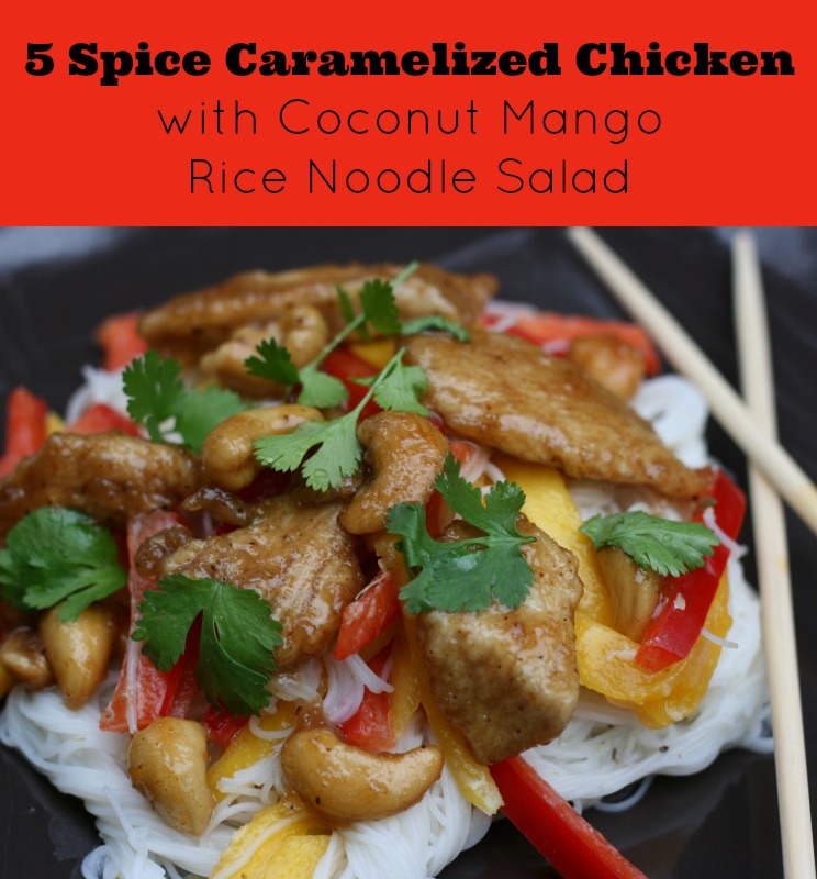 5 Spice Caramel Chicken with Coconut Rice Noodle Salad Recipe a fresh summer family favorite from Sew Creative