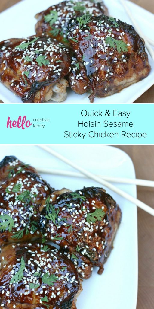 This quick and easy sticky chicken recipe is the perfect family friendly 30 minute meal! East meets west with the flavors of hoisin, sesame, garlic, ginger, balsamic & honey! #Chicken #Recipe #30minutemeal 