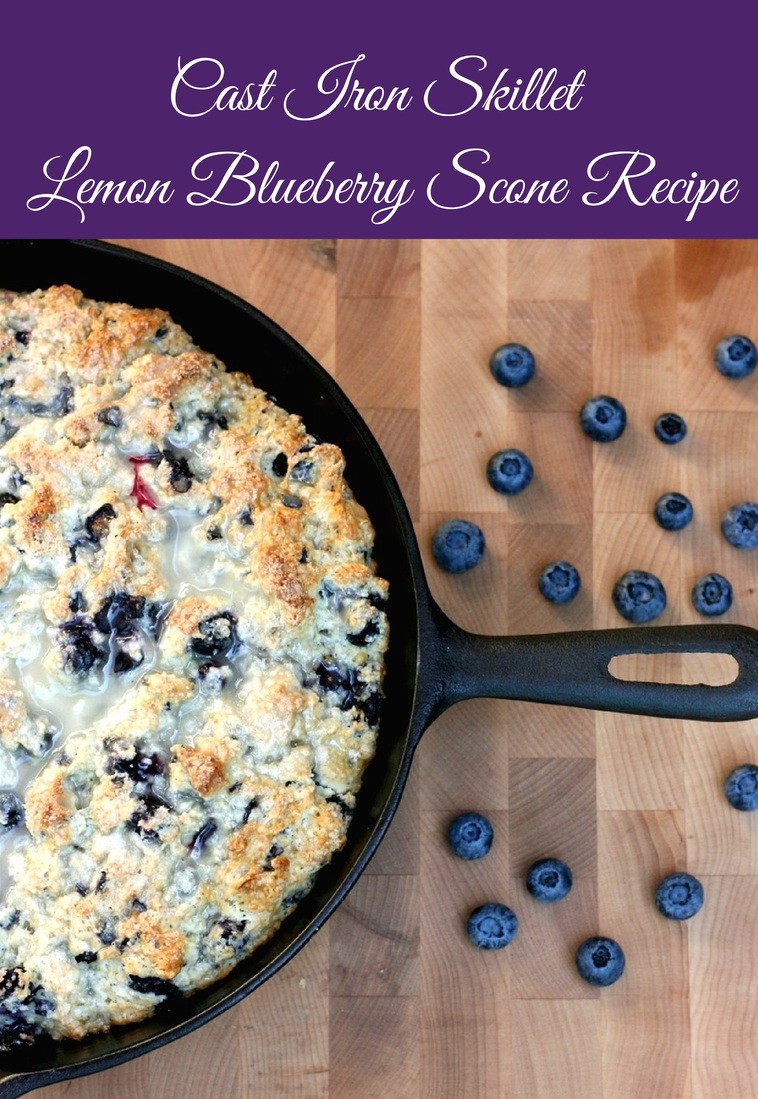 This Cast Iron Skillet Lemon Blueberry Scone Recipe is perfect for a no fuss weekend brunch or tea time. Sweet and tart, this recipe is easy to put together, looks pretty in the cast iron frying pan and is perfect for summertime entertaining. 