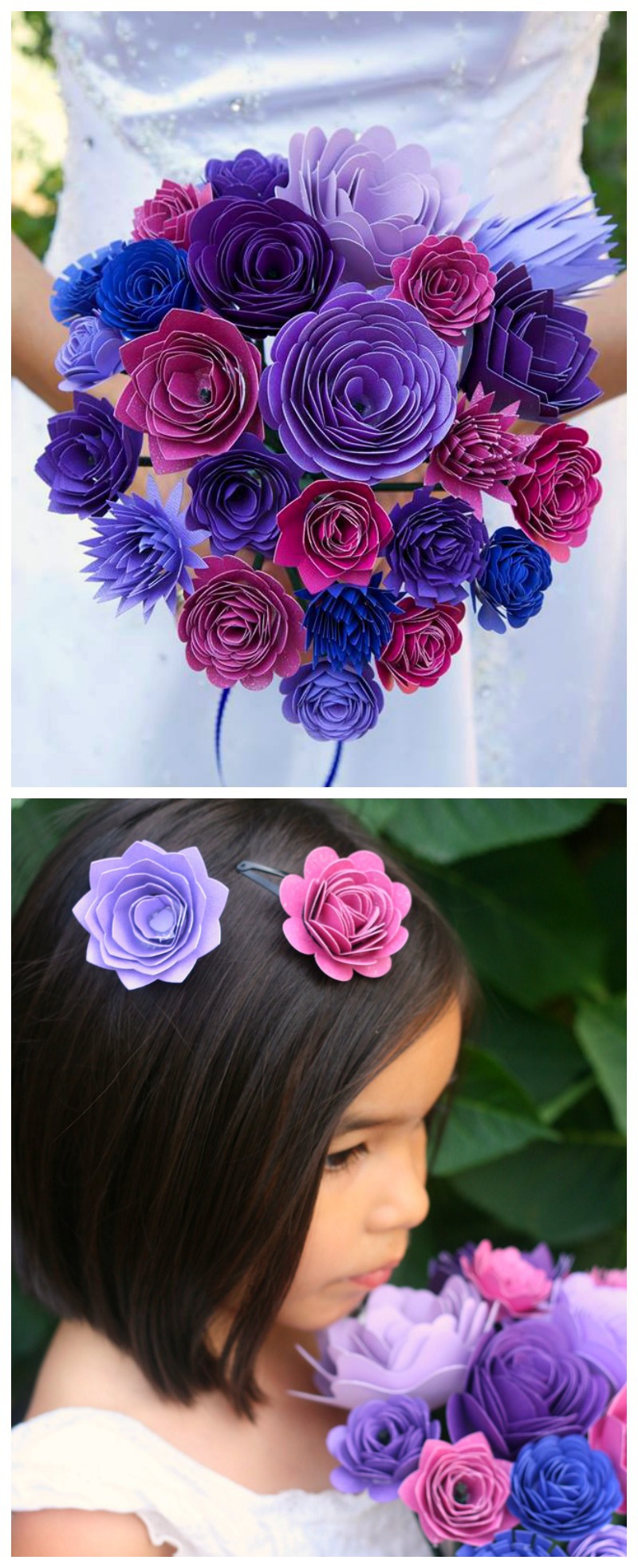 Beautiful Wedding Bouquet and Flower Girl Barrettes made from paper on the Cricut Explore.