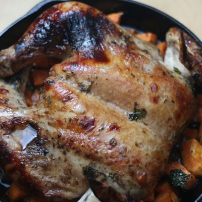 Cast Iron Balsamic Roasted Butterflied Chicken Recipe with Sweet Potatoes- Cooks in 45 Minutes! This is so delicous and would be easy to make as a weeknight meal!