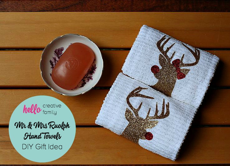 DIY Mr. & Mrs Rudolph Hand Towels from Sew Creative made on the Cricut Explore make the perfect Christmas Hostess Gift.