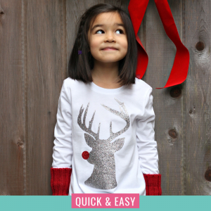 Make an adorable Hipster Rudolph Christmas Shirt using our step by step instructions and free Rudolph SVG Cut File! A fun Christmas Craft using your Cricut or Silhouette! #FreeSVG #Cricut #Silhouette #ChristmasCrafts #ChristmasShirt #glitter #ChristmasCrafting #Rudolph #RudolphTheRedNosedReindeer