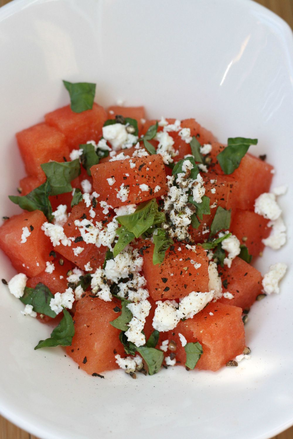 The most delicious summer salad EVER! Watermelmon, Basil, Feta and Cracked Black Pepper Salad Recipe