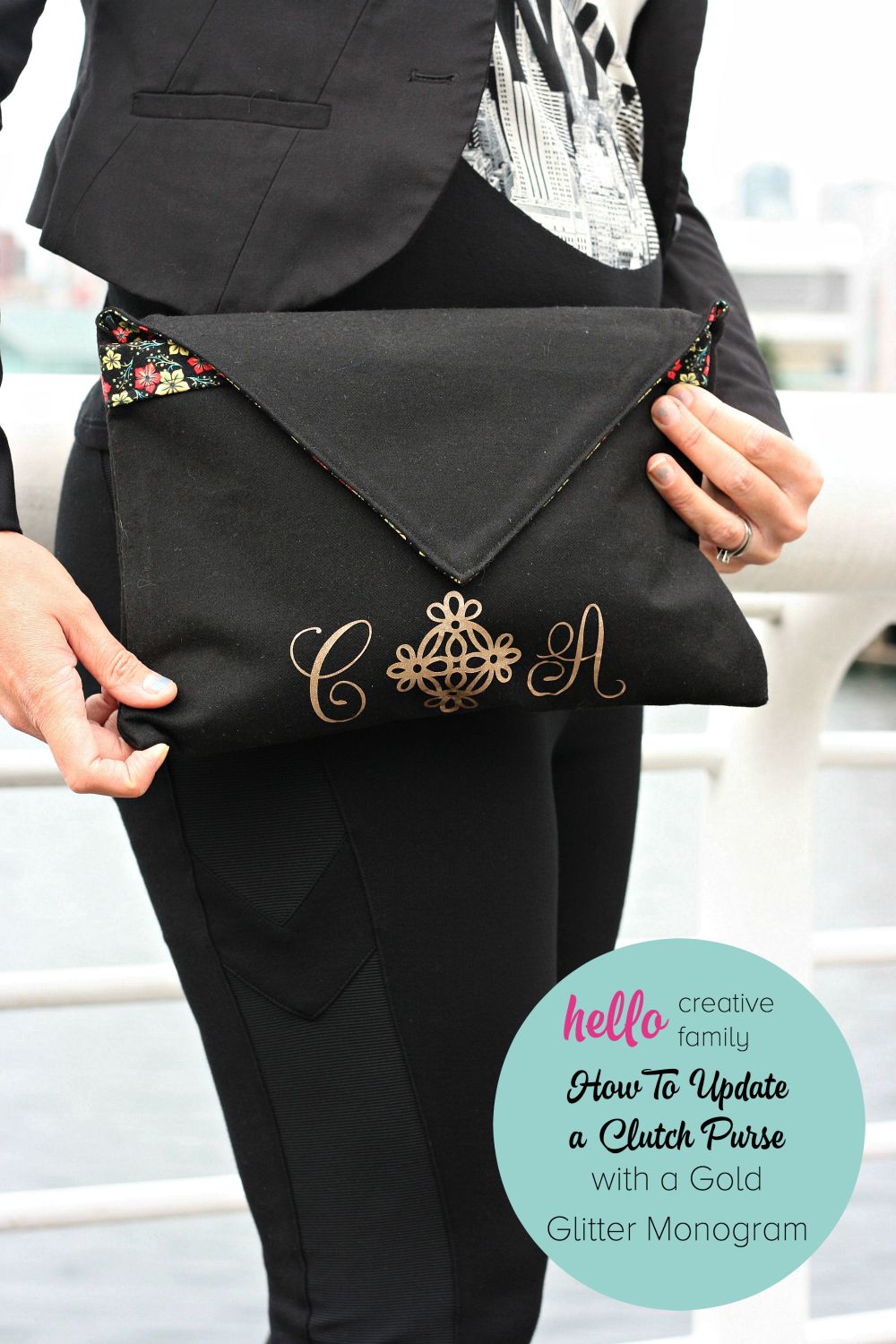 In celebration of the release of Cricut's Gold Edition, Hello Creative Family shares how to update a clutch purse with a gold glitter monogram 2