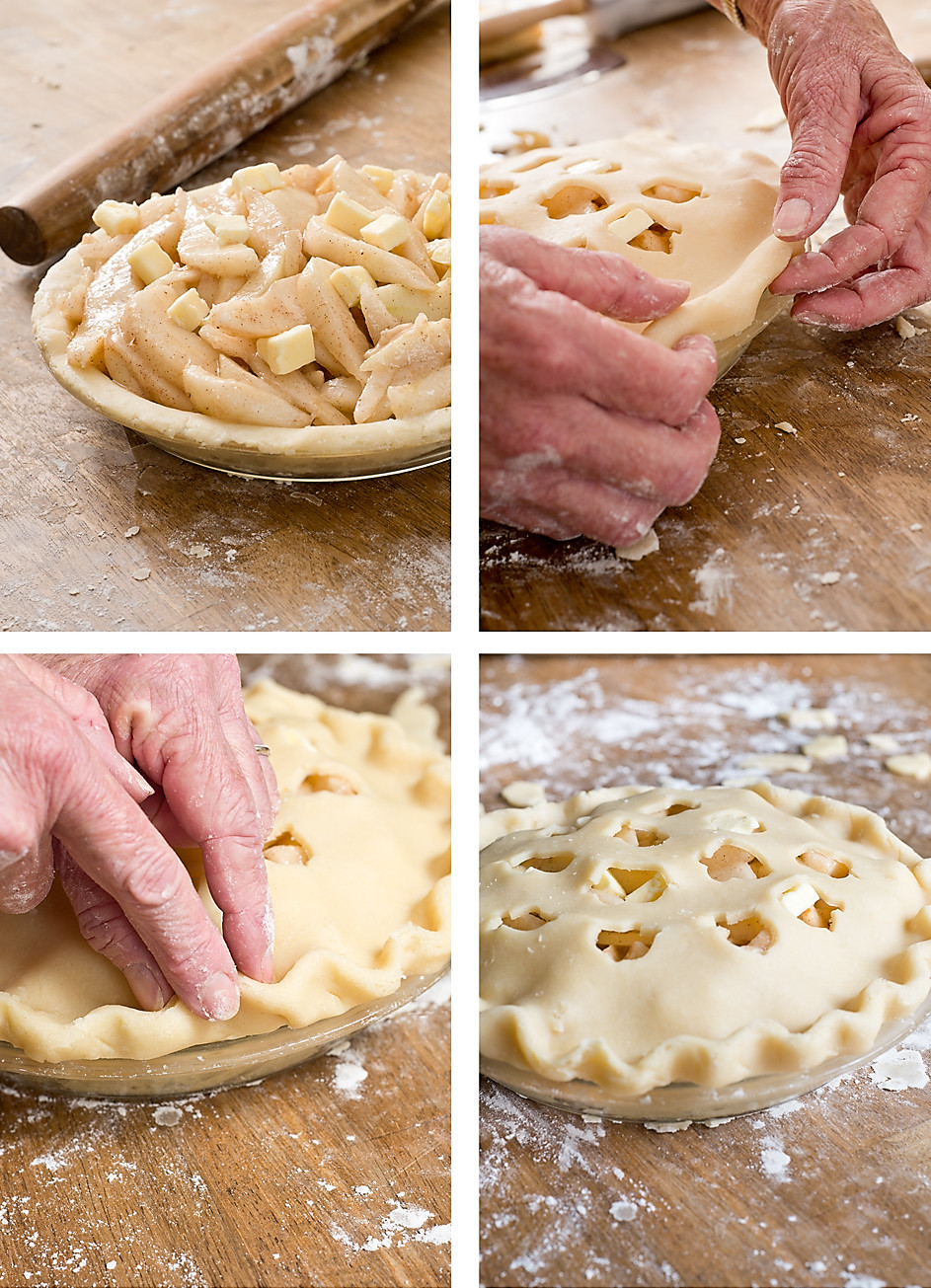 Top left image of a pie filled with apple filling. Top right image of pie crust topping being laid on top of pie. Bottom left image of the pie edges being crimped and pinched. Bottom right image of a completed pie.