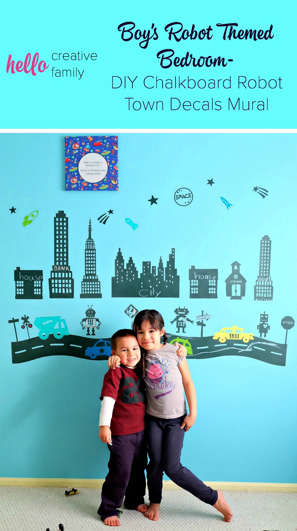 Cutest boys room idea ever! How adorable is this chalkboard robot town mural. I love these DIY decals!