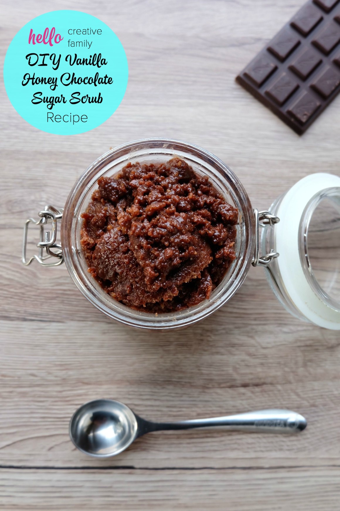 Filled with the moisturizing and anti-bacterial properties of coconut oil, olive oil and honey and the exfoliating effect of brown sugar, this DIY Vanilla Honey Chocolate Sugar Scrub Recipe will leave your skin moisturized, exfoliated and glowing! Use all over your body in the shower, on your hands and feet during manicures and pedicures and even on your face for a natural exfoliating face wash! Say bye bye micro-beads with this all natural DIY body product recipe!