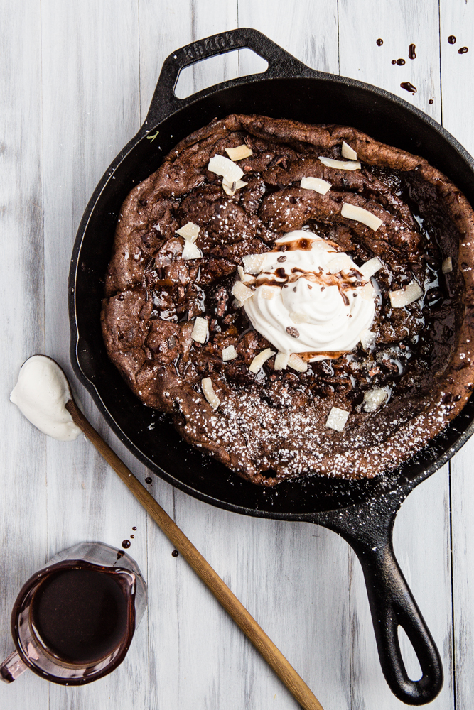 Double Dark Chocolate Dutch Baby Pancake with Vanilla Bean Whipped Cream Recipe from The Modern Proper