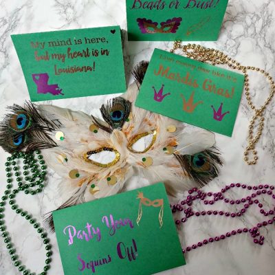 Mardis Gras is a state of mind! Check out the DIY Mardis Gras Greeting Card Cricut Project and download the cuttable files to make them!