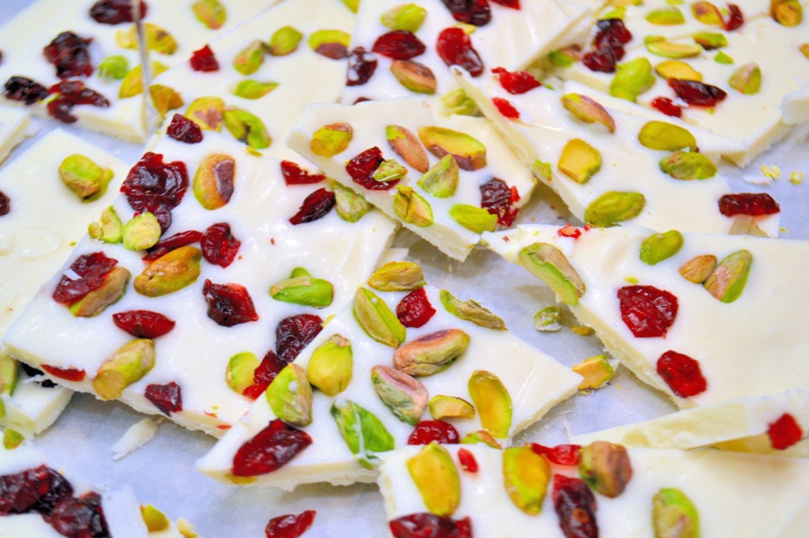 White Chocolate and Cranberry Pistachio Bark recipe from Savory Experiments