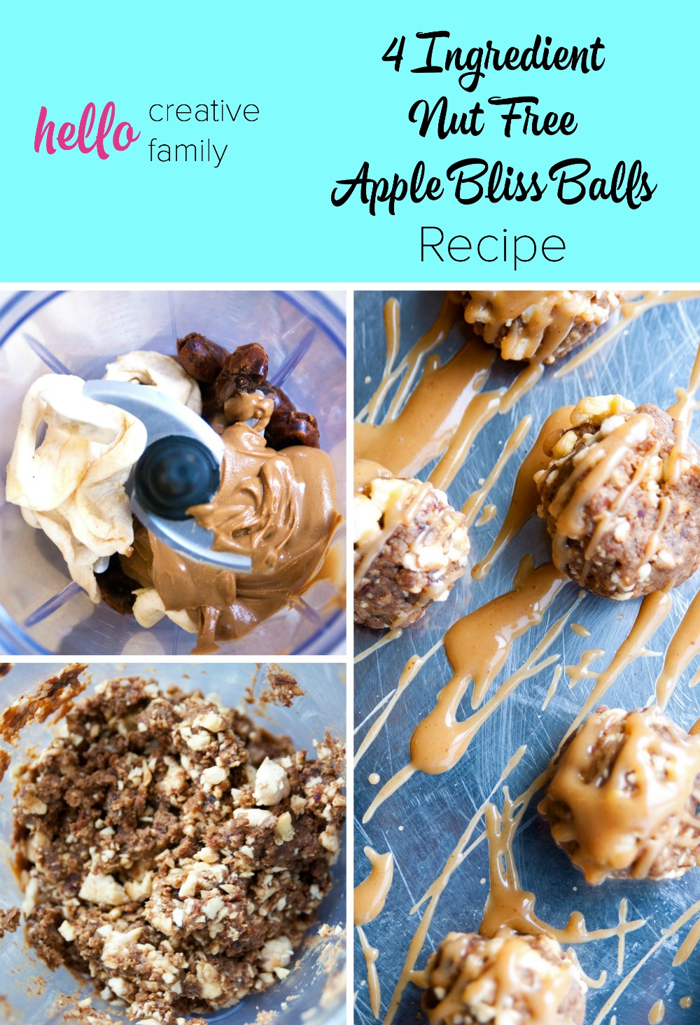 Nut free and sugar free, these 4 ingredient bliss balls are a healthy school lunch idea! Sweetened with dates and apples this nut free bliss balls recipe tastes like dessert but is guilt free! Perfect for those living a clean eating diet lifestyle!
