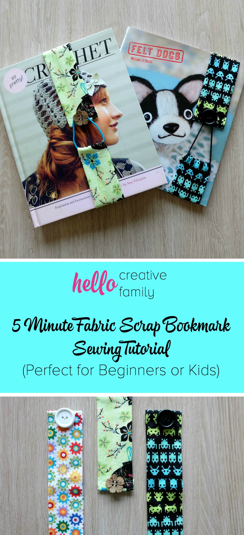 What a great beginner sewing project idea! It would make a great kid's craft project too! This 5 minute sewing project gives you step by step instructions, with photos for each step, on how to make a 5 minute fabric scrap bookmark! These would make great teacher gift ideas, stocking stuffer ideas, or father's day or mother's day gifts!