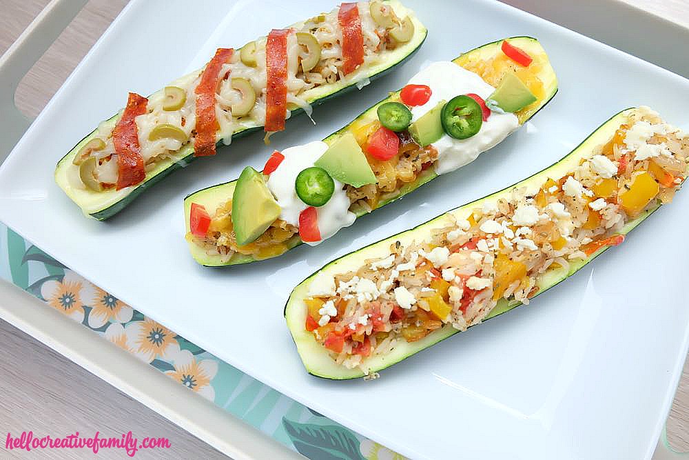 Looking for a 30 minute meal dinner idea? Whether you are craving pizza, tacos or meatless monday this easy stuffed zucchini recipe has 3 variations to keep your whole family satisfied.