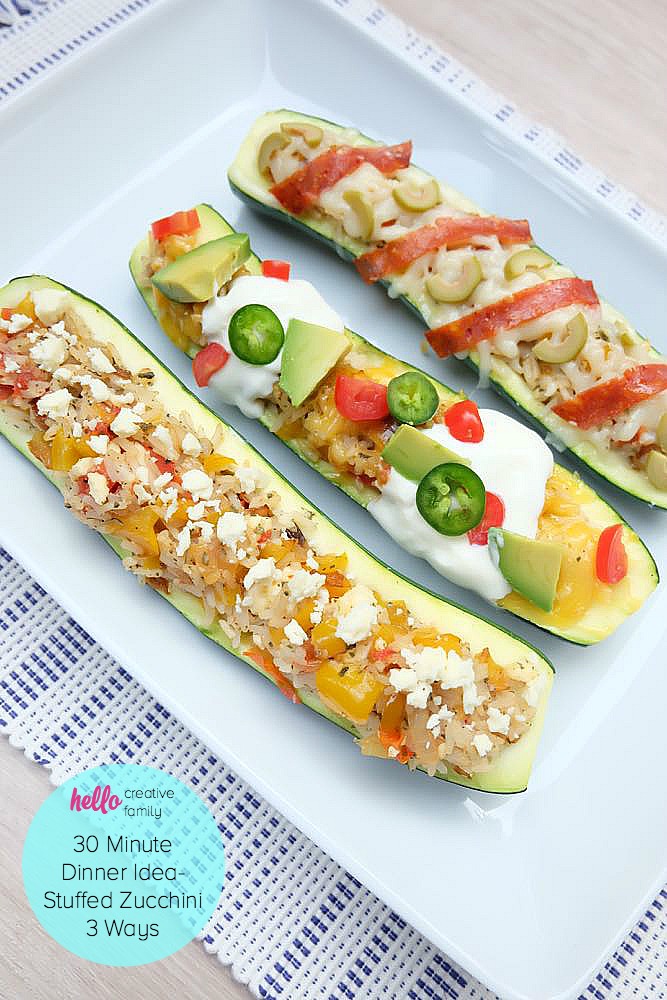Looking for a 30 minute meal dinner idea? Whether you are craving pizza, tacos or meatless monday this easy stuffed zucchini recipe has 3 variations to keep your whole family satisfied.