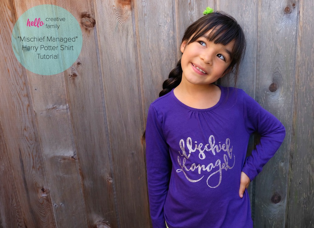 Harry Potter Fans will flip for this adorable DIY Mischief Managed shirt! Post includes a full tutorial on how to make the shirt on a Cricut along with the free SVG file! This would make a great handmade gift idea!