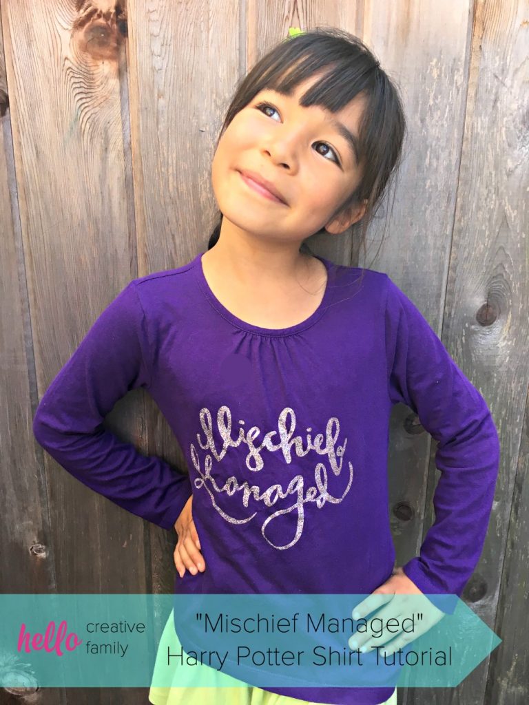 Harry Potter Fans will flip for this adorable DIY Mischief Managed shirt! Post includes a full tutorial on how to make the shirt on a Cricut along with the free SVG file! This would make a great handmade gift idea!