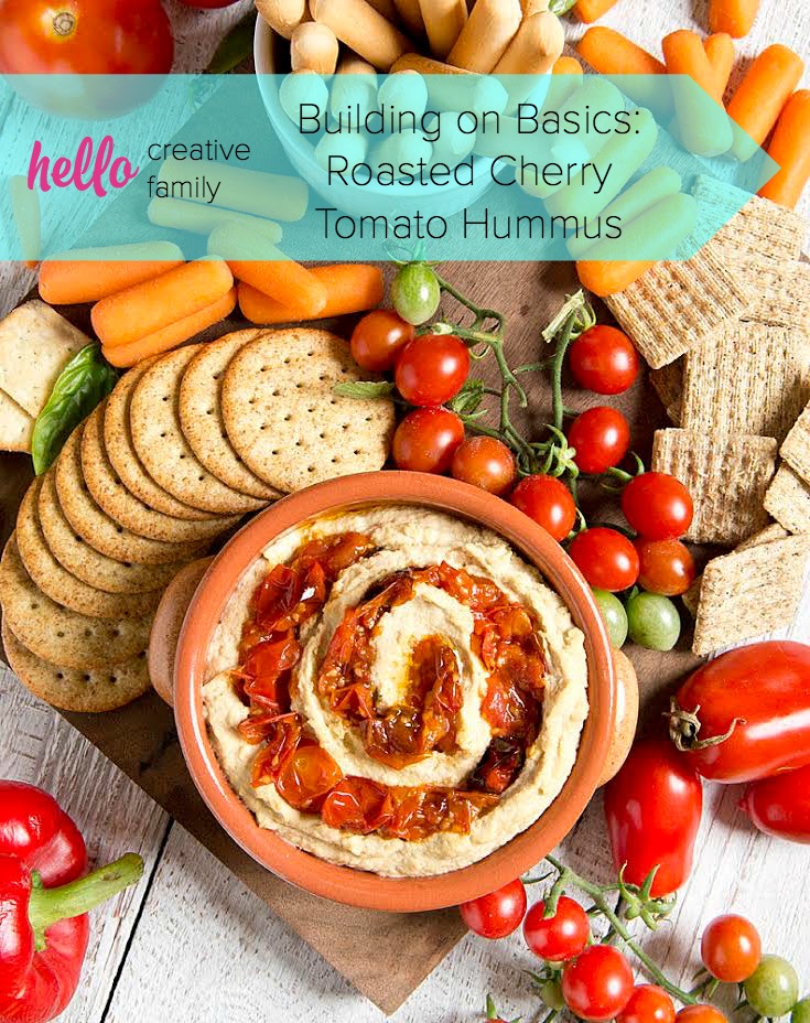 Learn how to roast cherry tomatoes and then use them to make a delicious roasted cherry tomato hummus recipe in this Building On Basics post from Hello Creative Family.