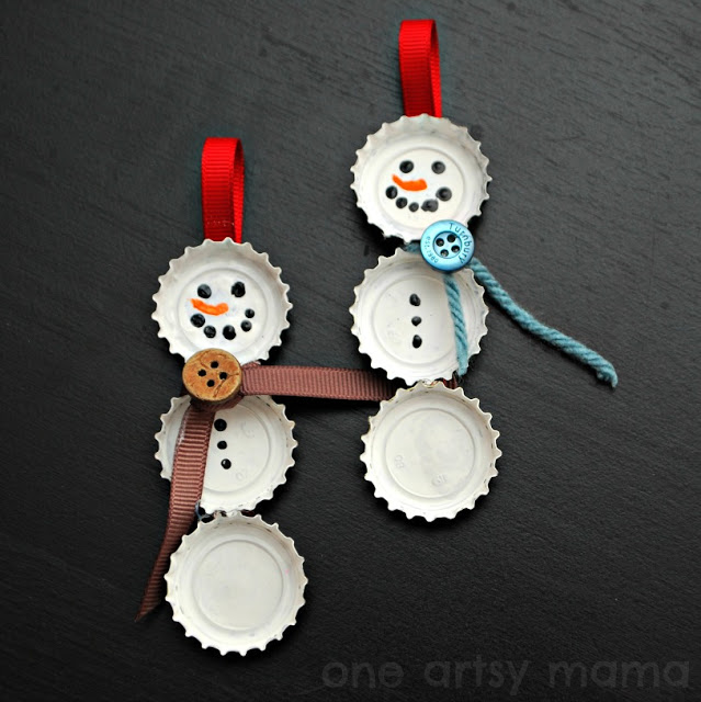 27+ DIY Christmas Ornaments Kids Can Craft- Upcycled Bottle Cap Snowman Christmas Ornaments from One Artsy Mama