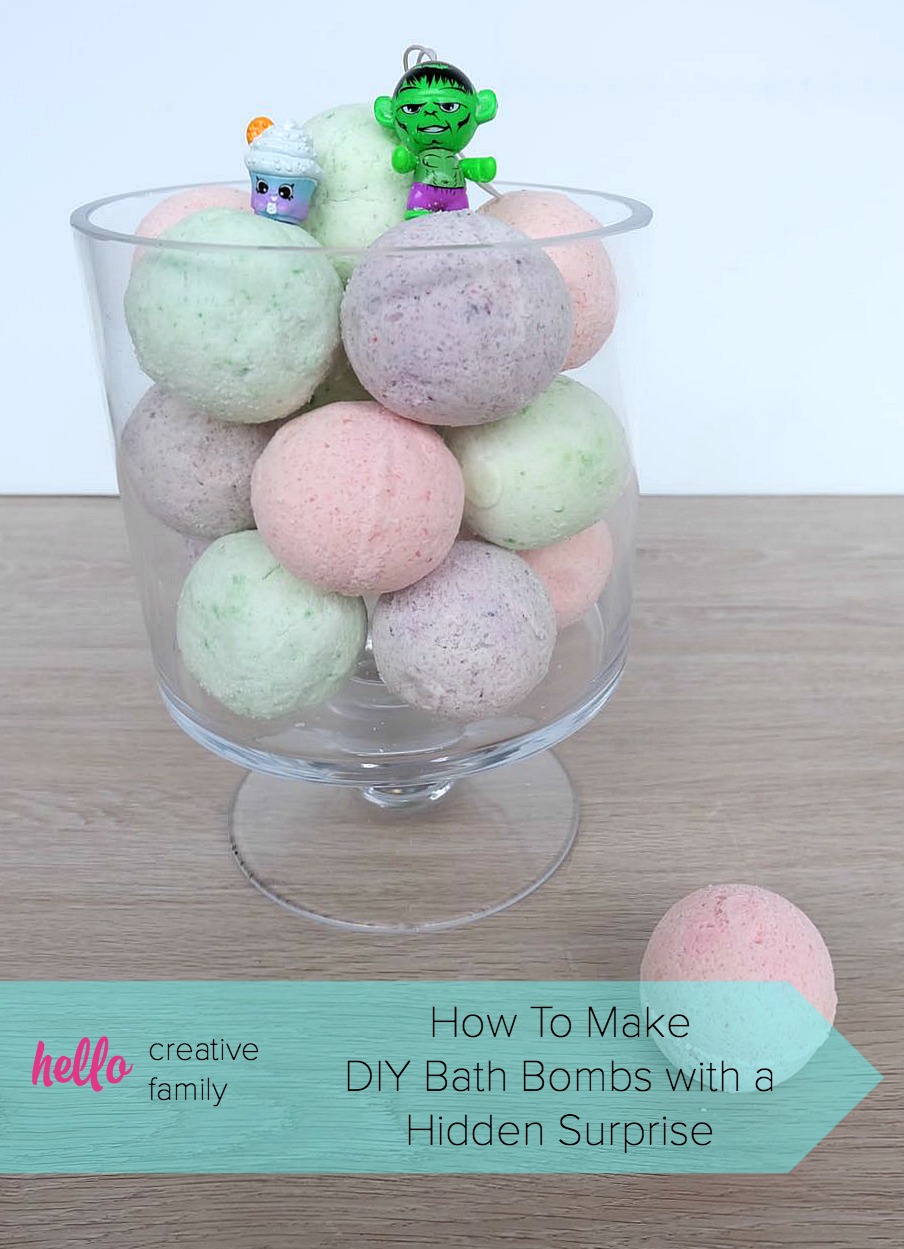 DIY your own handmade bath bombs, with this simple and easy tutorial which includes a video that walks you through step by step. This is a fun craft project for kids and makes bath time fun when kids discover the Shopkins or toy superhero hidden inside! Also makes a wonderful handmade gift for Christmas, Mother's Day, birthdays and other occasions. 