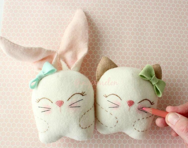 27+ Adorable Free Sewing Patterns for Stuffies, Plushies, Stuffed Animals and Other Felt and Fabric Toys- Snuggle Bunny and Kitty Plushie from Craftsy