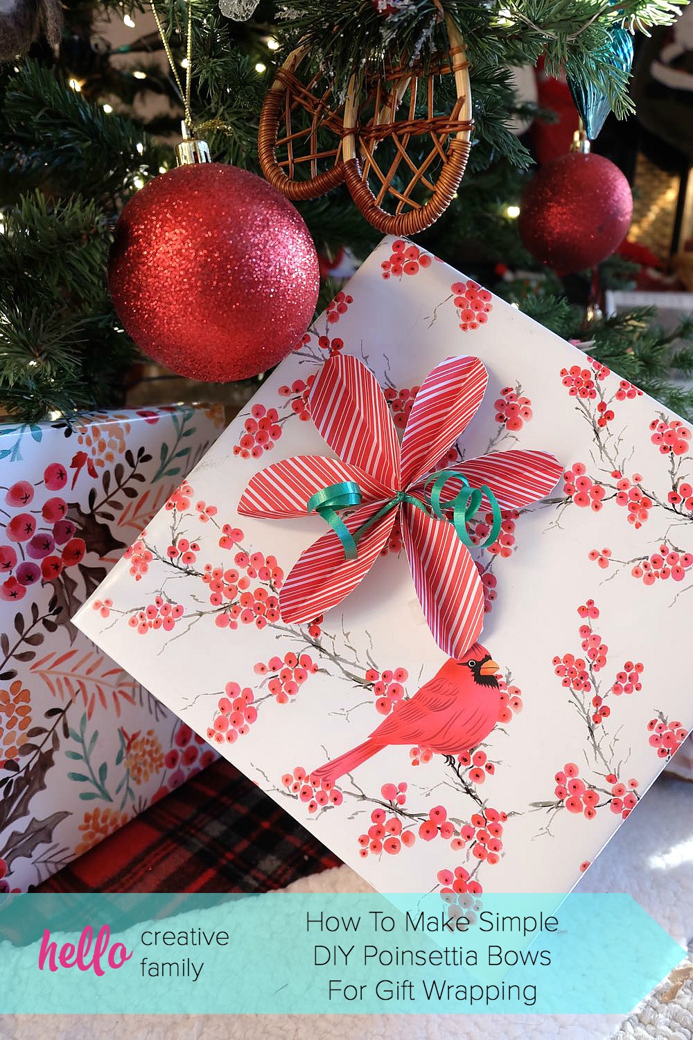 Skip the store bought bows and DIY them instead! Learn How To Make Super Simple DIY Poinsettia Bows For Gift Wrapping. They are so easy and perfect for wrapping Christmas gifts!