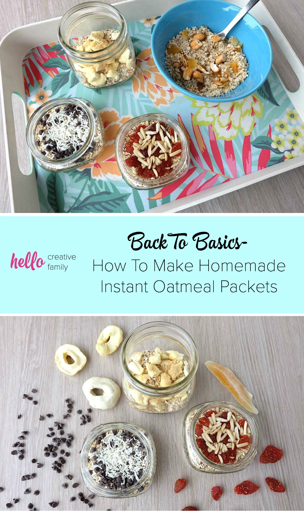 Breakfast meal planning just got easy! Get kids cooking with this easy tutorial on how to make homemade instant oatmeal packets! Set up a table with all the toppings and let kids pre make their breakfast for the week! Includes ideas for delicious oatmeal toppings! 