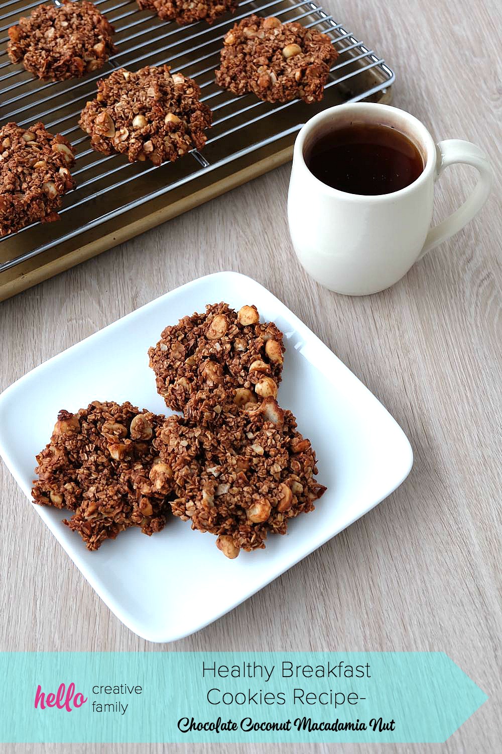 Looking for a delicious, easy and healthy breakfast idea? This chocolate coconut macadamia nut healthy breakfast cookies recipe is a delicious and guilt free way to start the day! Perfect for breakfast on the go, its gluten free, low in sugar, dairy free and packed with superfoods like raw cacao and flax seeds! Freeze extras for breakfast meal planning! 