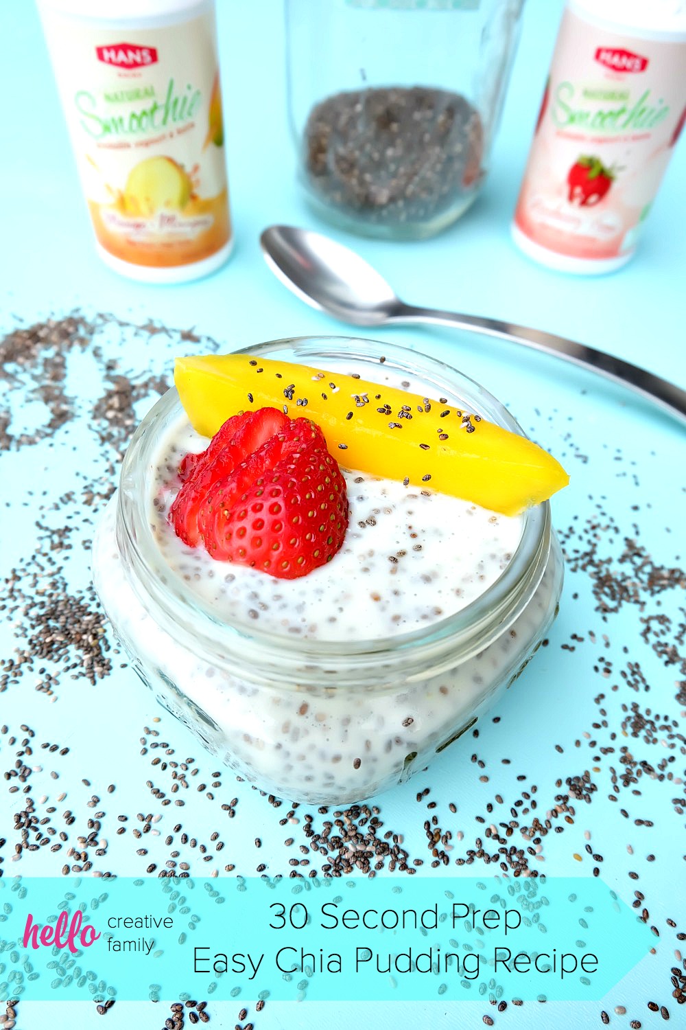 Breakfast is ready with only 30 seconds of prep work with this delicious and nutritious, protein packed breakfast idea! Kids can help make this 30 second prep easy chia pudding recipe in flavors like mango, strawberry, blueberry, passionfruit and peach! #HansDairy #sponsored