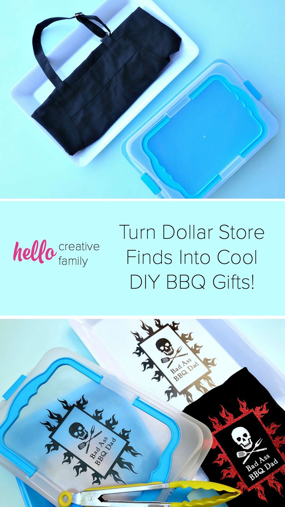 Turn dollar store finds into DIY BBQ Gift Ideas For Dad with this amazing tutorial! Cut the designs with our Cricut Explore, then make a platter and container using vinyl and dishwasher safe mod podge or an apron with heat transfer vinyl. The design says Bad Ass BBQ Dad! Perfect for Father's Day or Christmas!