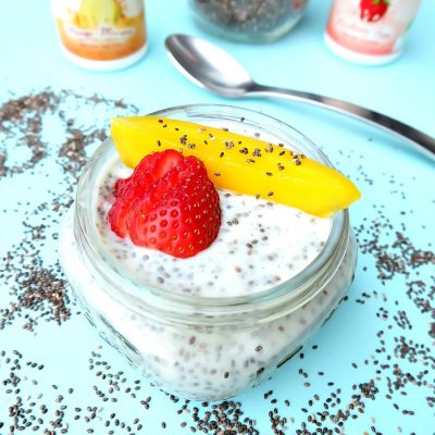 Breakfast is ready with only 30 seconds of prep work with this delicious and nutritious, protein packed breakfast idea! Kids can help make this 30 second prep easy chia pudding recipe in flavors like mango, strawberry, blueberry, passionfruit and peach!