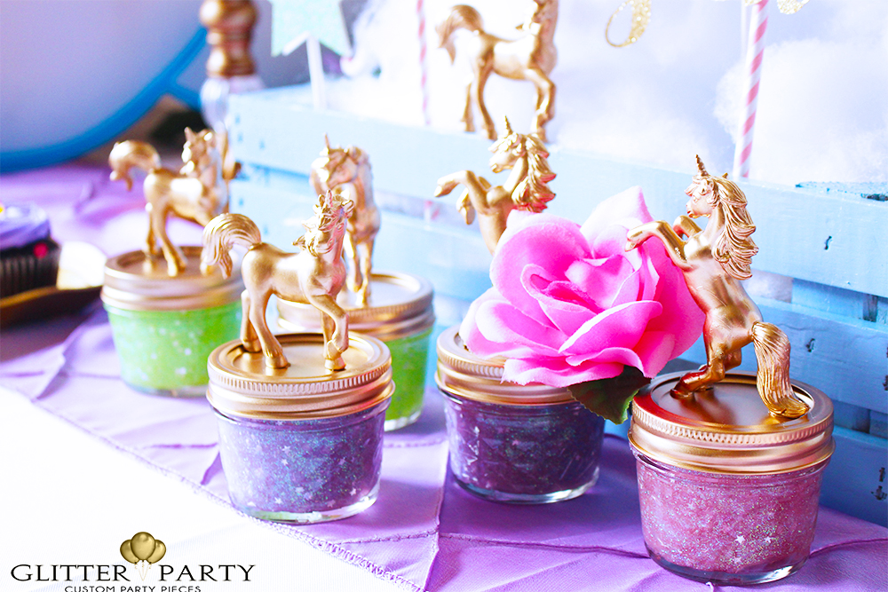 75+ Magically Inspiring Unicorn Crafts, DIYs, Foods and Gift Ideas: Glitter Unicorn Party Favors from Glitter Party Events and Design