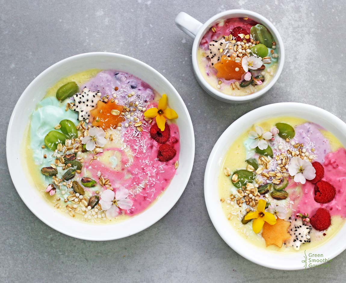 75+ Magically Inspiring Unicorn Crafts, DIYs, Foods and Gift Ideas: Rainbow Unicorn Protein Smoothie Bowl from Green Smoothie Gourmet