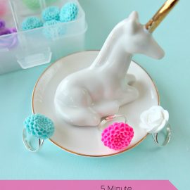 5 minutes is all it takes to make a beautiful DIY flower ring using floral cabochons! Bright & colorful these rings make a fun and easy handmade gift or party favor! Perfect for birthday parties, wedding showers, teacher gifts and friends who love to garden!