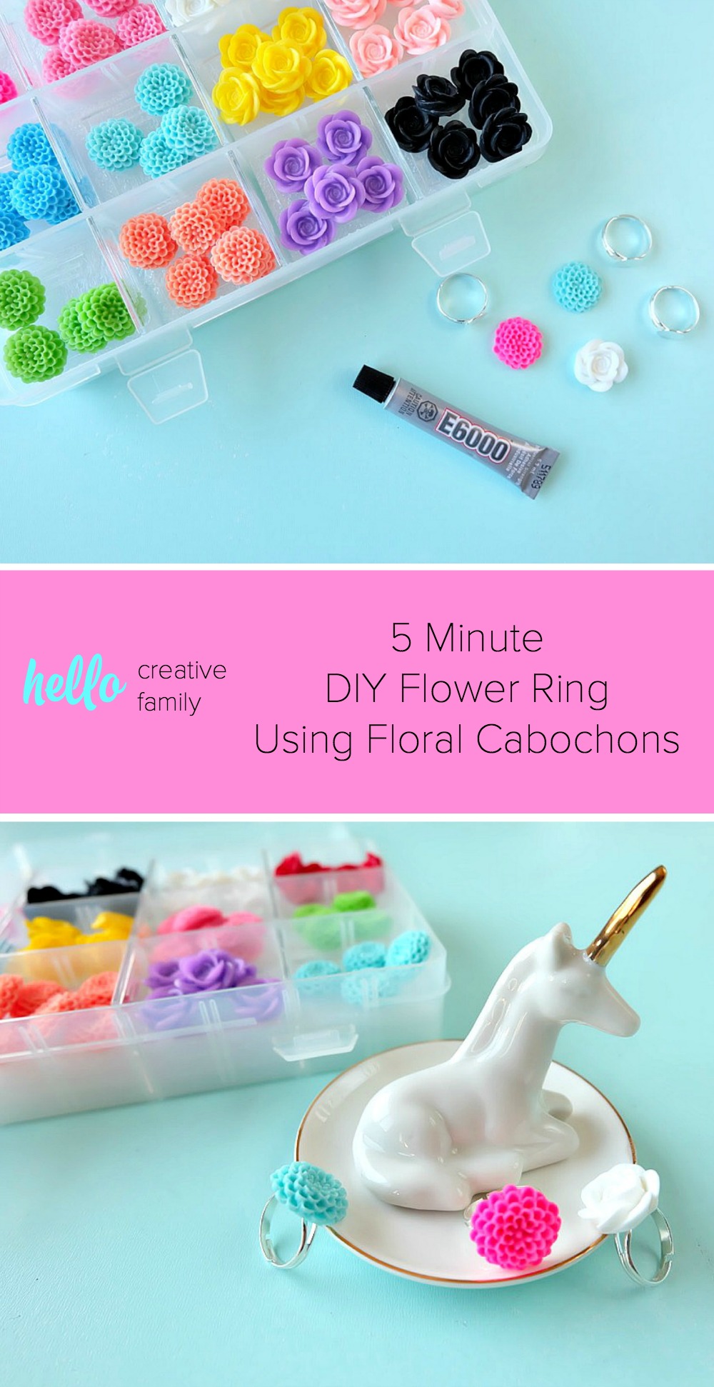 5 minutes is all it takes to make a beautiful DIY flower ring using floral cabochons! Bright & colorful these rings make a fun and easy handmade gift or party favor! Perfect for birthday parties, wedding showers, teacher gifts and friends who love to garden!