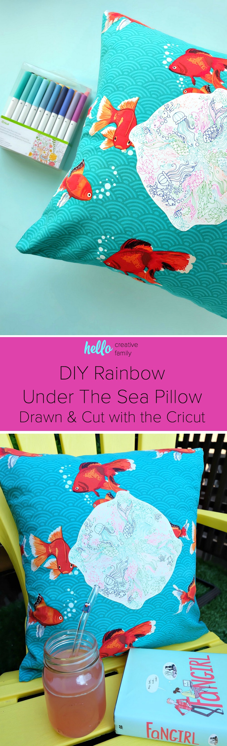 Create a gorgeous DIY Rainbow Under the Sea Pillow using your Cricut Explore to draw a coloring page design on printable heat transfer vinyl! This is an easy project that makes bright and colorful handmade gift idea. Includes instructions on how to sew an envelope style throw pillow cover. #CricutMade