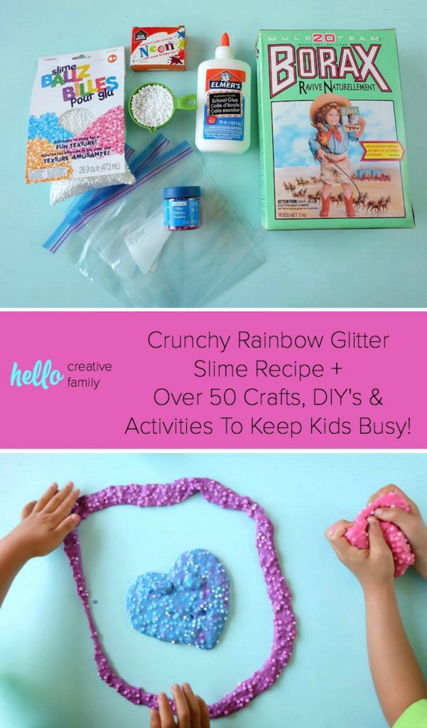 Keep kids busy for hours with this crunchy rainbow glitter slime recipe that goes snap, crackle pop when you squeeze it! This post also has over 50 other activities to keep kids busy during summer break!