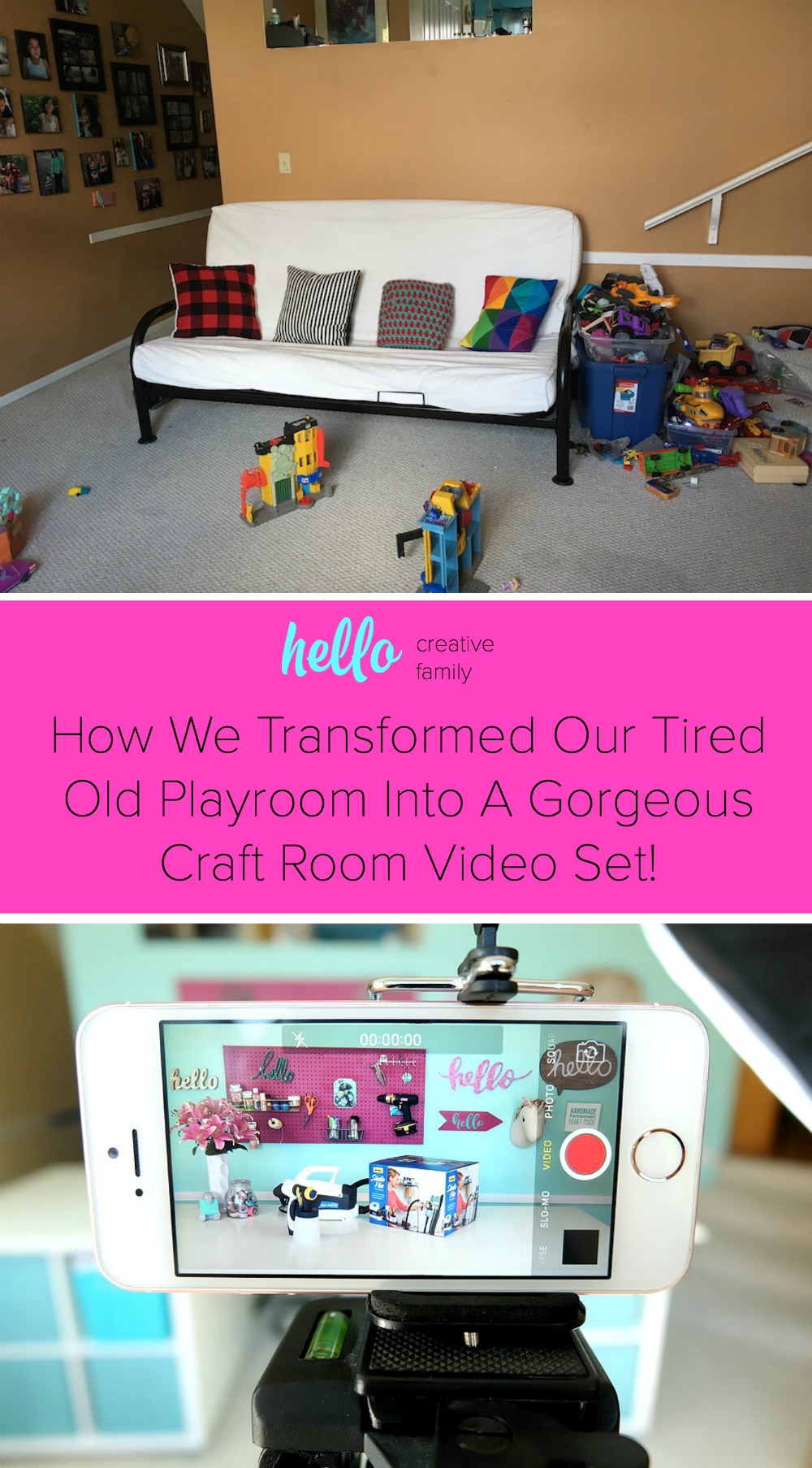 Take a sneak peek into behind the scenes of how Hello Creative Family transformed their tired old playroom into a gorgeous craft room video set! The craft table in this room is AMAZING. You will want to make your own craft room like this in your own house! #Sponsored by Wagner Paint Sprayers