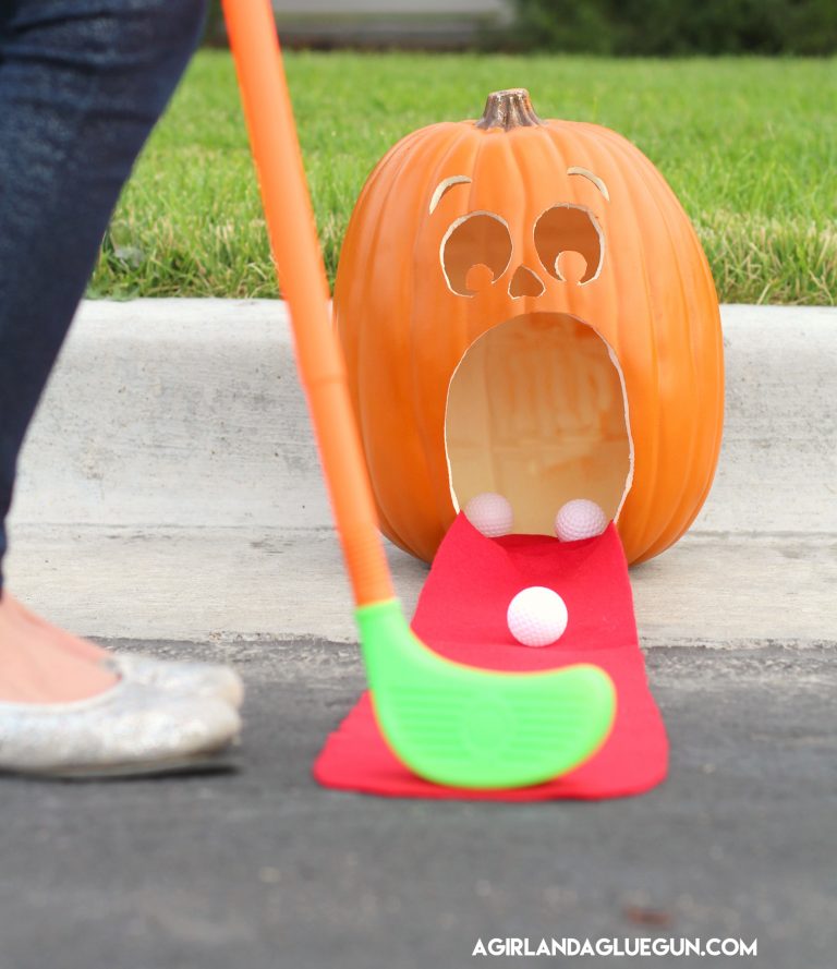 27+ Awesome Pumpkin Crafts, DIYs and Decorating Ideas-DIY Pumpkin Golf Game from a Girl and a Glue Gun