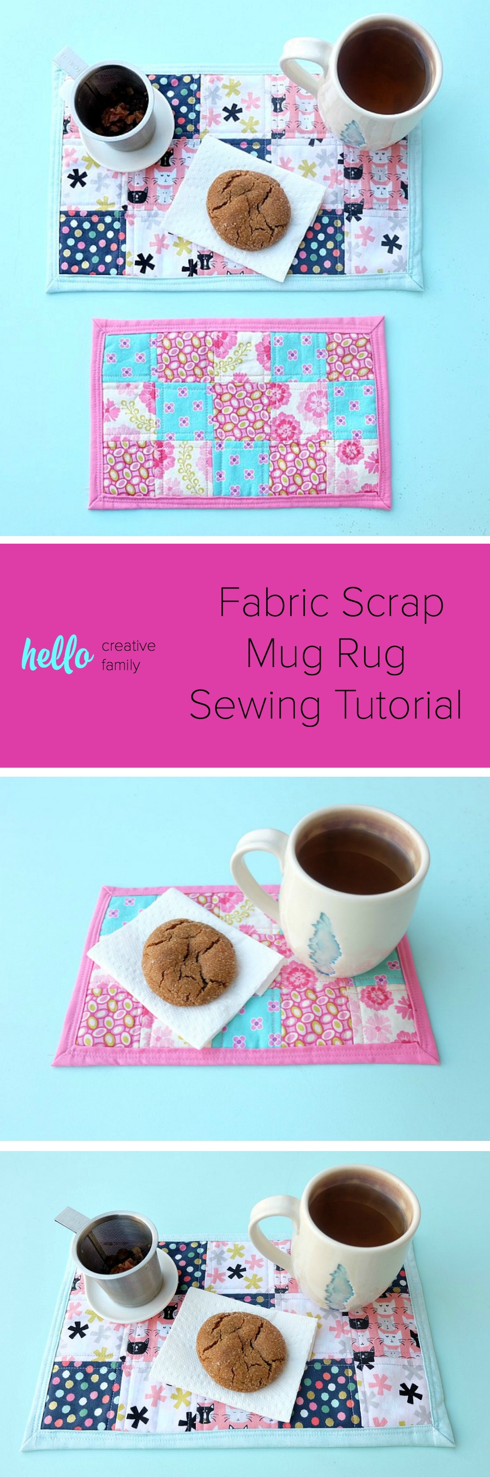 Bigger than a coaster and smaller than a placemat, a mug rug is a great handmade gift for coffee and tea drinkers! A great sewing project for beginners, this fabric scrap mug rug tutorial is easy, with step by step photos and inexpensive to make! Cut the fabric with your Cricut Maker or by hand! #sewing #diy #craft #Cricutmaker