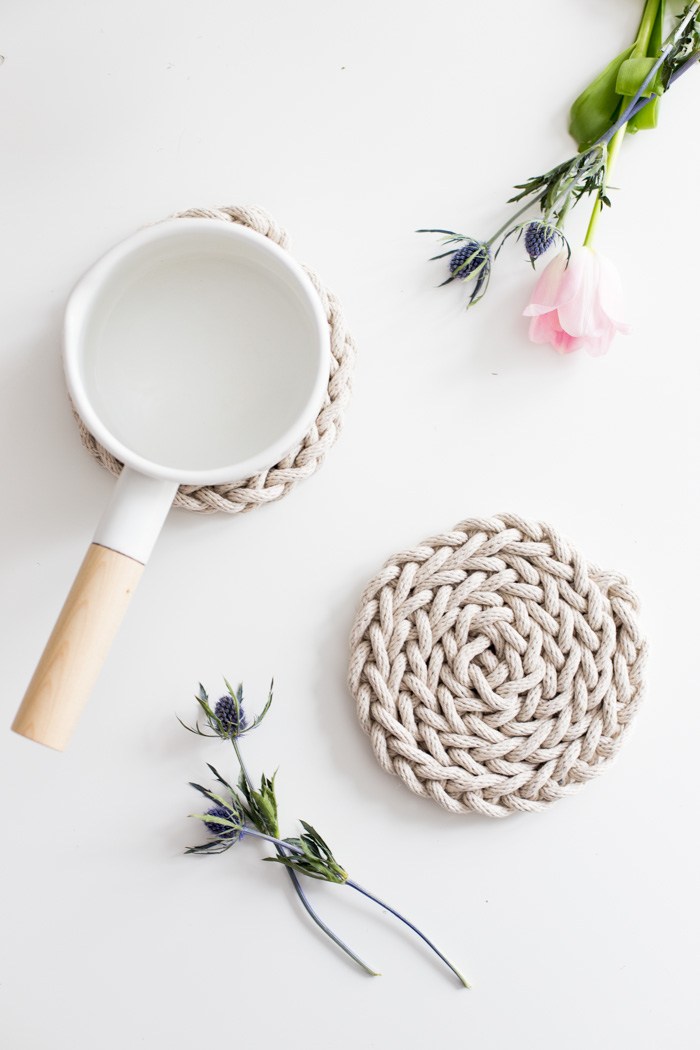 50 Easy Handmade Gift Ideas You'll Love: DIY Finger Knit Rope Trivet from Flax & Twine