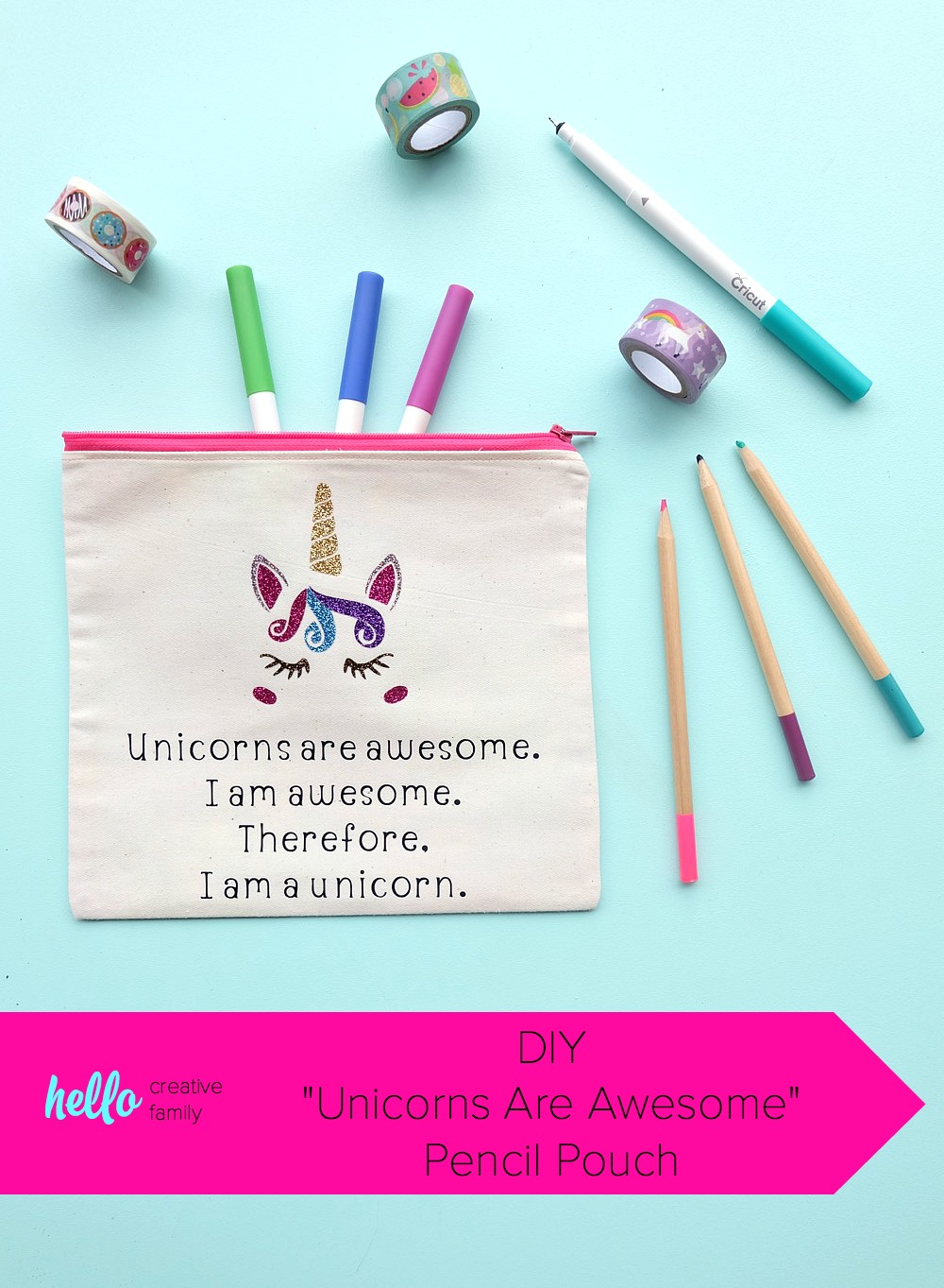 This DIY "Unicorns are awesome. I am awesome. Therefore, I am a unicorn." pencil pouch is just as cute as can be. Includes a step by step sewing tutorial with photos. Would make an adorable makeup bag, pencil pouch or wallet for holding all your treasures in your purse! The perfect handmade gift idea for Christmas or birthdays for the unicorn lover on your list! A fun and easy Cricut Maker project! #Sponsored #Craft #diy #cricutmaker