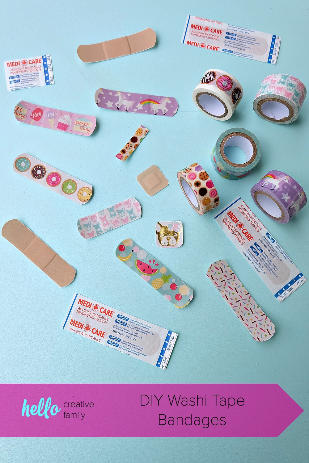 DIY Washi Tape Bandages are so easy to make! All you need is washi tape, scissors and a box of Bandaids! A fun, easy and inexpensive craft project that kids will love! A great activity for craft playdates, or birthday party activities!  Who knew a bandaid could be a cute fashion accessory? #washitape #crafts #diy