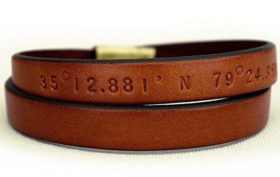 Handmade Holiday Gift Guide Gifts For Him: Custom Coordinates Leather Wrap Bracelet from Edge Of Now