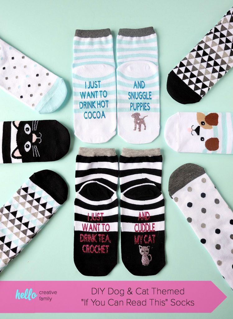 The perfect handmade gift idea for dog and cat lovers! These DIY dog and cat themed "If You Can Read This Socks" are easy to make using a Cricut Maker or Cricut Explore and turn out so cute! Change the wording using our free Cricut Cut File! This is an adorable stocking stuffer idea under $5.00! Perfect for Easter Basket Stuffers too! #cricutmaker #cricutmade #cricutproject #stockingstuffer