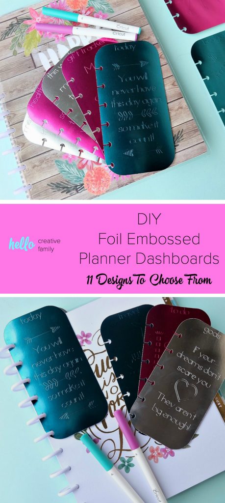 Making DIY Planner accessories is so much fun! Learn how to make foil embossed DIY planner dashboards using your Cricut Explore or Cricut Maker and a scoring stylus! This project includes 11 different options for your tabs. So easy to make. This project will kick your planner up a notch or two! #CricutMade #CricutHoliday #HappyPlanner #Planners #crafts #DIYMaking DIY Planner accessories is so much fun! Learn how to make foil embossed DIY planner dashboards using your Cricut Explore or Cricut Maker and a scoring stylus! This project includes 11 different options for your tabs. So easy to make. This project will kick your planner up a notch or two! #CricutMade #CricutHoliday #HappyPlanner #Planners #crafts #DIY
