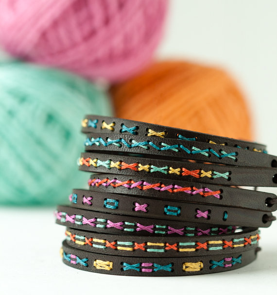 Handmade Holiday Gift Guide Gifts For Her: DIY Leather Bracelet Cross Stitch Kit from Red Gate Stitchery